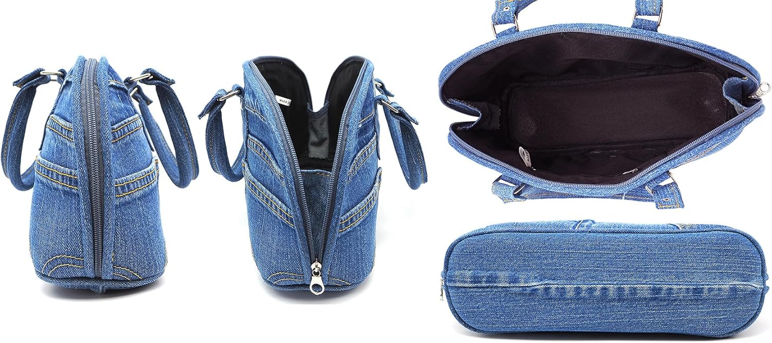 Upcycling Blue Denim Trim Curved Shape Satchel Top Handle Handbag Purse (denim)