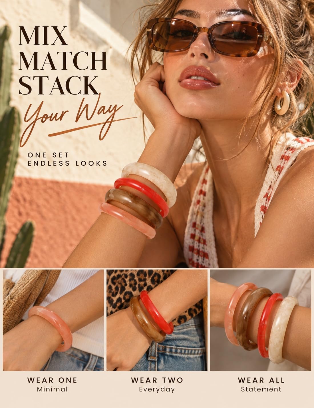 ÌF ME Acrylic Bangles Bohemian Bracelets for Women, Maillard Vintage Acrylic Resin Chunky Bangles Bracelets Fashions Thick Statement bangle Set view 2
