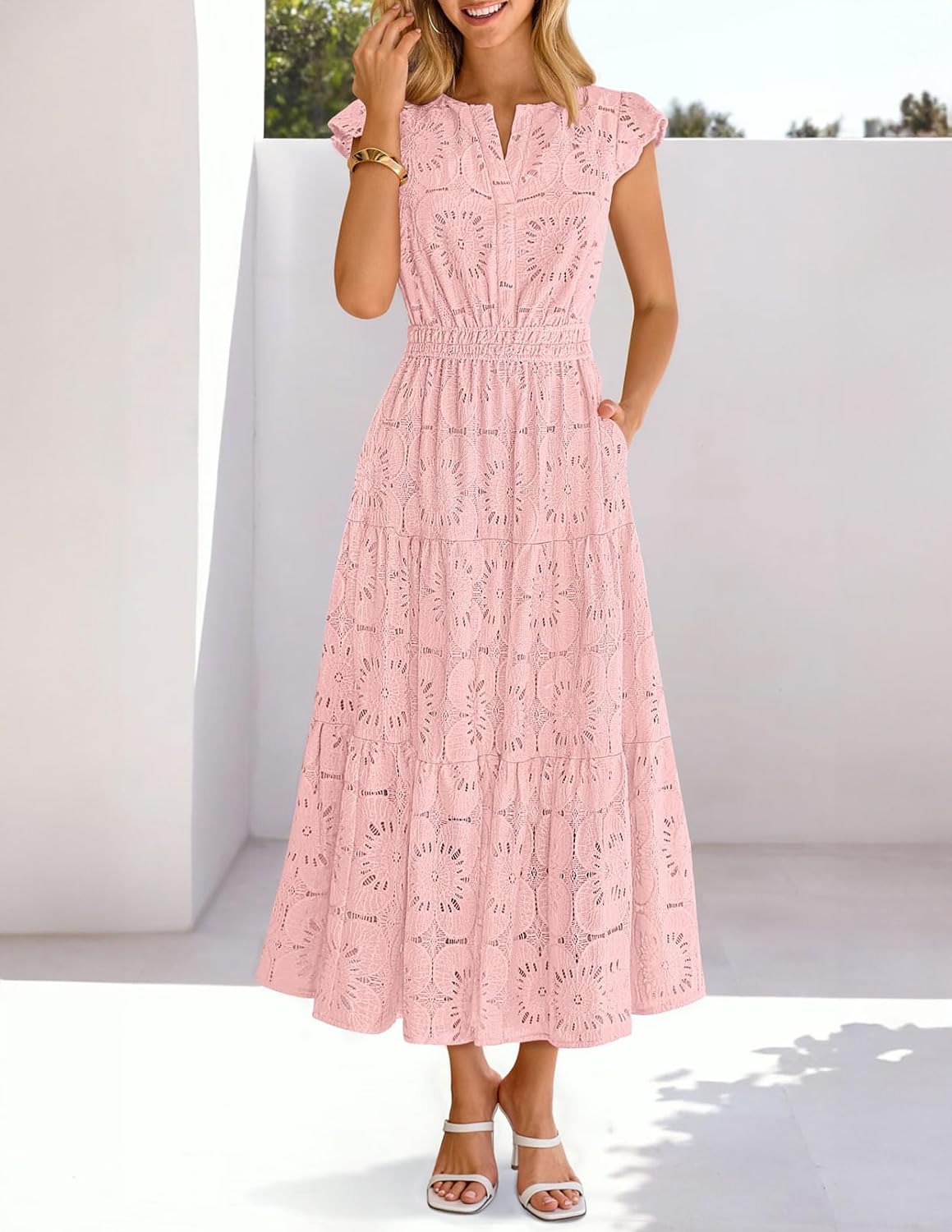 MEROKEETY Women's Summer Lace Eyelet Maxi Dress 2026 Spring Casual Boho Flutter Sleeve Tiered Flowy Beach Vacation Dresses - Image 9