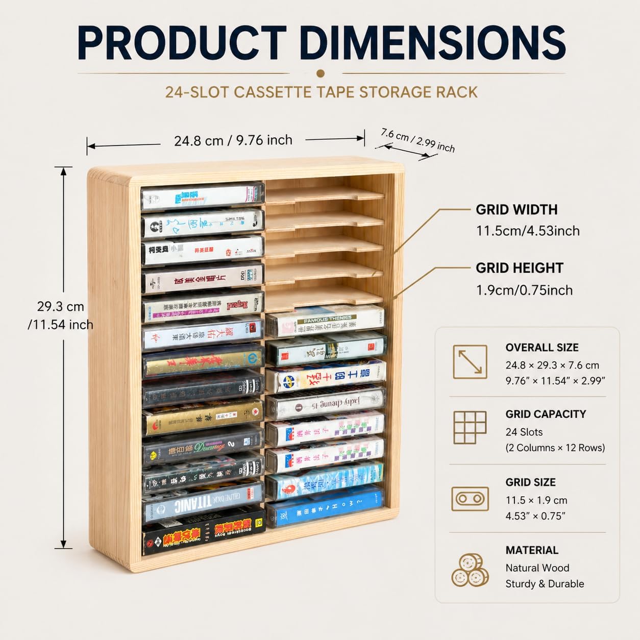 24 slots Cassette Tape Storage Rack Wood Holder, Wall Mount/Freestanding Audio Cassette Organizer for Tapes & Playing Card Storage