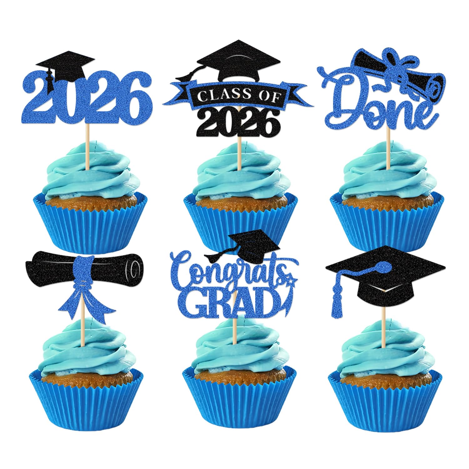Photo 1 of 2026 Graduation Cupcake Toppers, 36 pack Blue Glitter Class of 2026 Congrats Grad Diploma Grad Cap Cupcake Picks for 2026 Graduation Party decorating Supplies