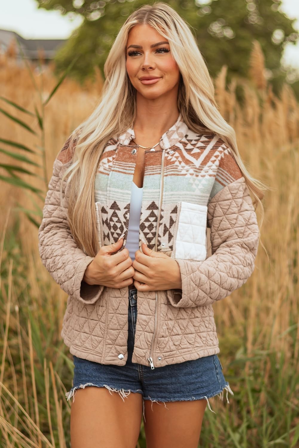 Wolddress Womens Western Jacket Light French Beige Aztec Quilted Patchwork Western Fashion Jacket