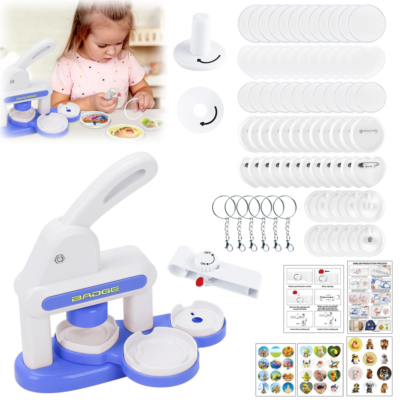 Yallmie Yallmie Badge Making Machine Kids, Pin Maker Machine DIY Badge Press Machine Round Button Badge Maker, Badge Pressing Machine with 36Pcs Button Parts and Cute Stickers (C Type)
