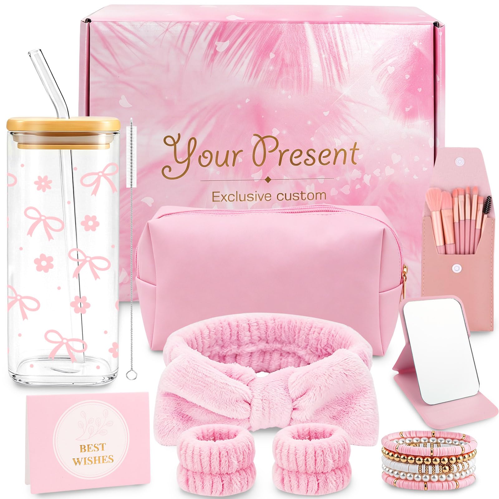 Cadeau Fille 9 10 11 12 13 14 15 16 Ans Ado Tasse en Verre avec Couvercle et Paille Pinceaux Maquillage Trousse Cosmétique Bracelet Hairband Miroir Coffret Cadeau Anniversaire Fille Amie Sœur