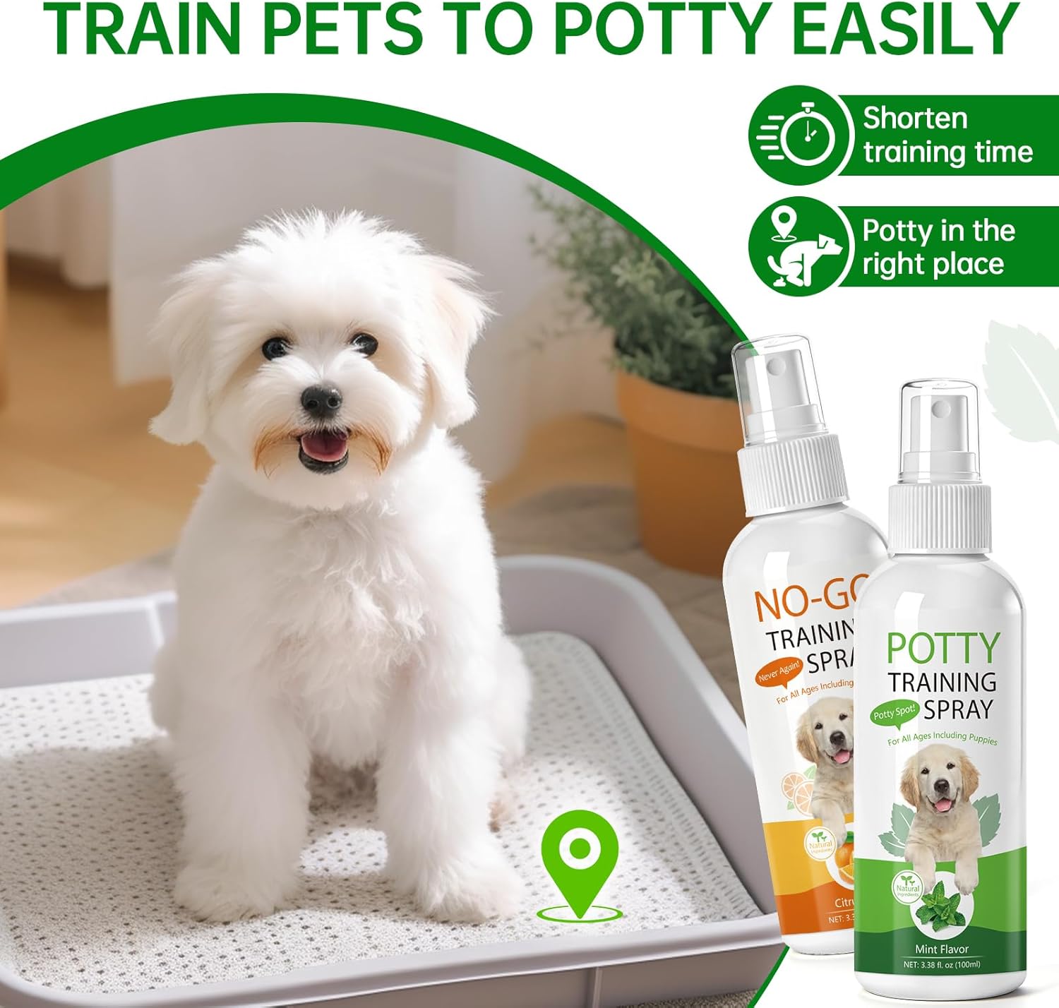 Potty Training Spray for Dogs & Cats, Dog Pee Spray & NO-GO Spray, Indoor & Outdoor Deterrent Spray, Stops Unwanted Chewing, Easy-to-Use Training Set, 3.38 Fl Oz (100ml)