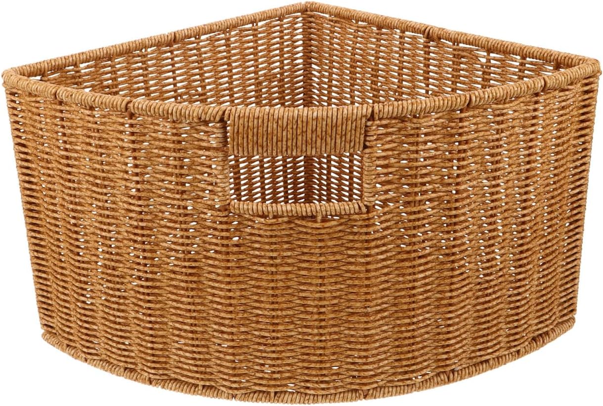 Woven Triangle Corner Storage Basket: Plastic Rattan Triangle Laundry Basket Organizer Bin with Handles for Shelf, Space Saving Triangular Container for Bathroom Bedroom Countertop and Kitchen Cabinet