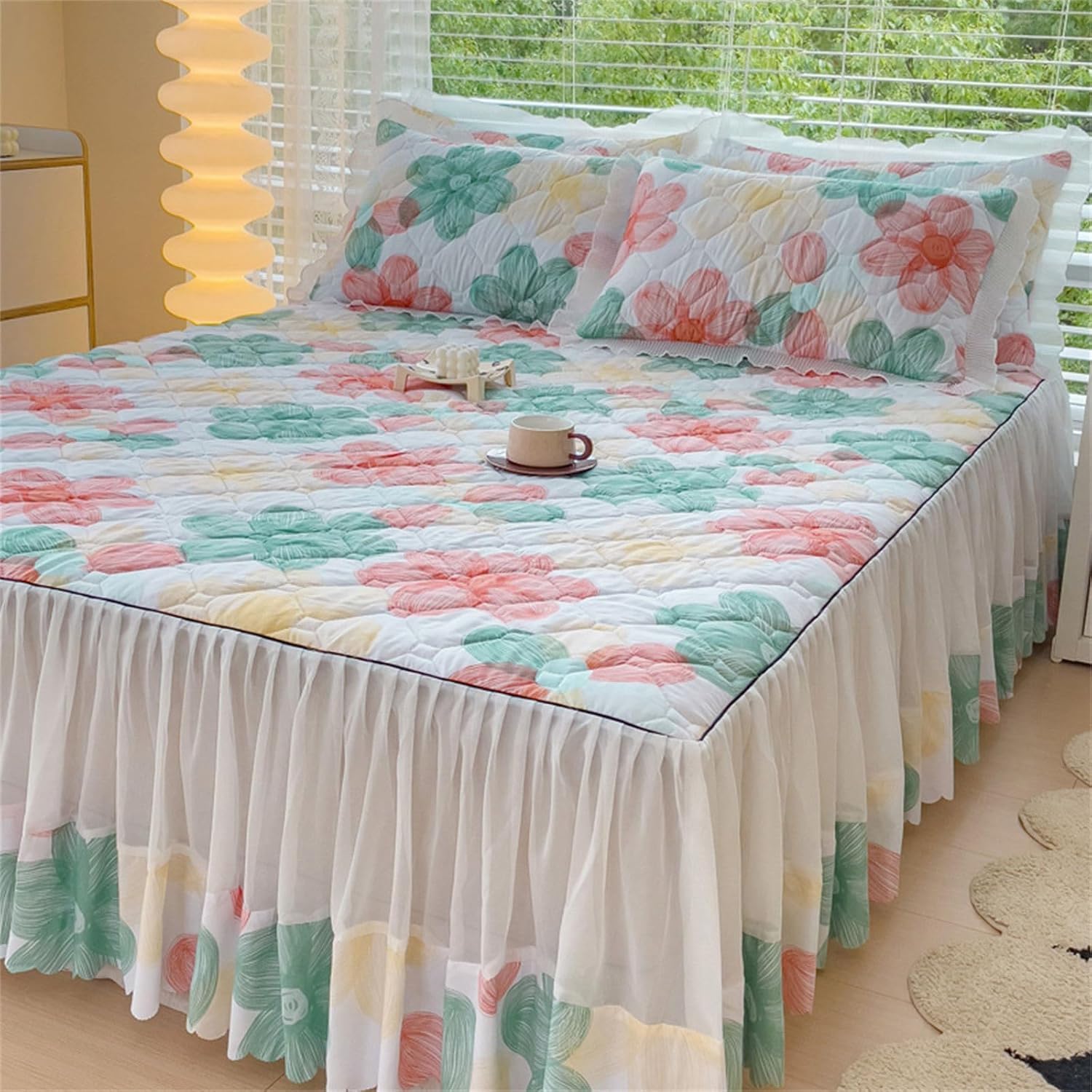 Fitted Bed Skirt Sheets Quilted Bed Skirt with Fitted Sheet Ruffled Bed Sheets Deep Hem(Floral,180x200cm)