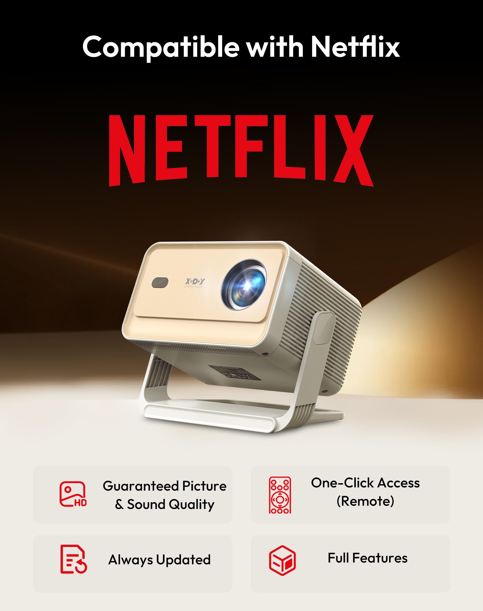 Xgody Gimbal N6 Pro projektor wideo kompatybilny z Netflix, FHD 1080P natywny projektor wideo Bluetooth, automatyczna kalibracja ekranu i sterowanie głosem, jasność 700 ANSI, WiFi 6