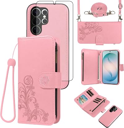 Asuwish Phone Case for Samsung Galaxy S26 Ultra 5G Zipper Wallet Magnetic Cell Cover with Tempered Glass Screen Protector Strap Flower Flip Card Holder Slot S26Ultra 26S S 26 26Ultra Women Girls Pink