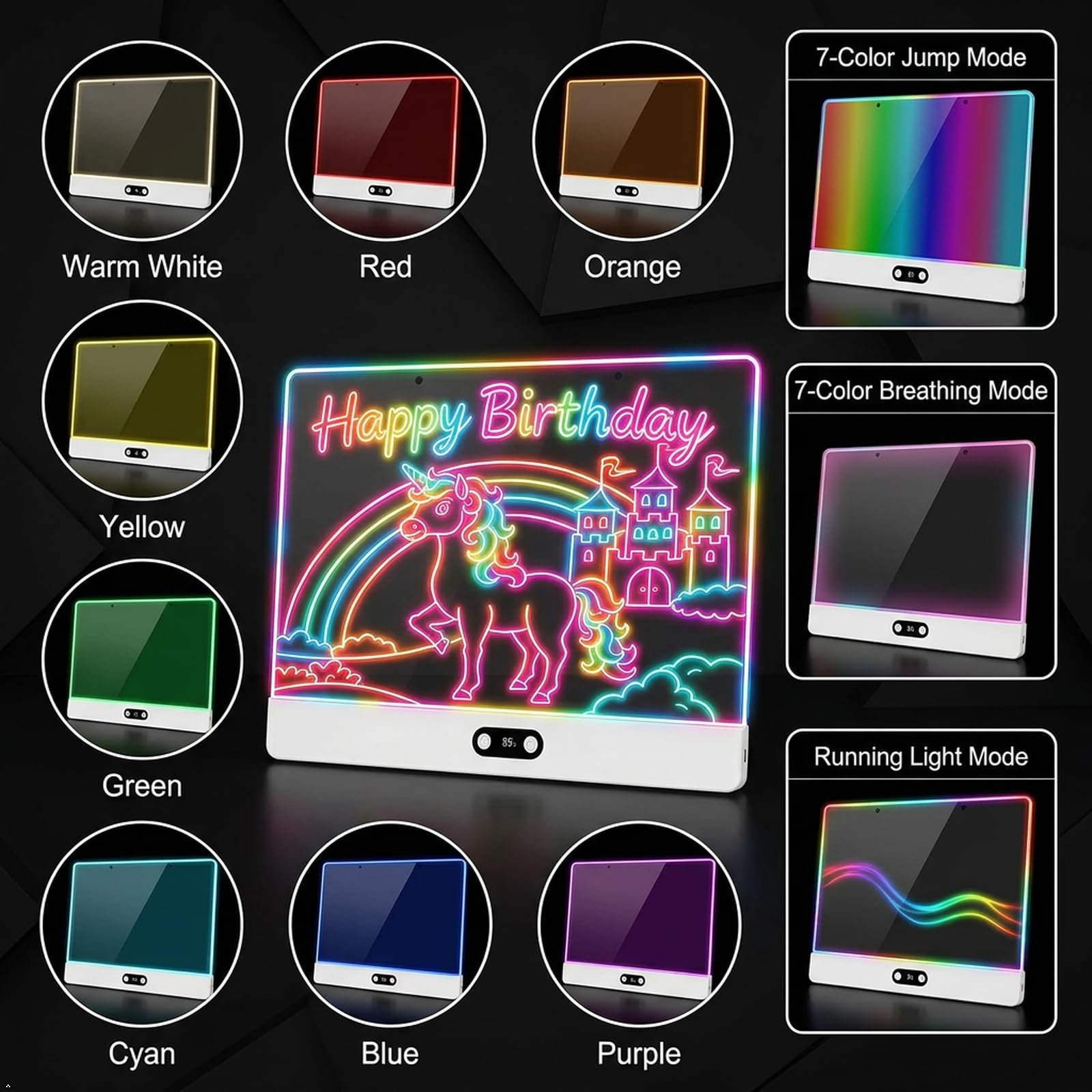 Tablero de Dibujo LED Recargable con Luces RGB para Niños,Panel de Acrílico,8 Colores Estáticos y 3 Modos Dinámicos,Batería de 1500 mAh,35x26cm Pizarra de Dibujo con Soporte Oculto para Arte,Blanco