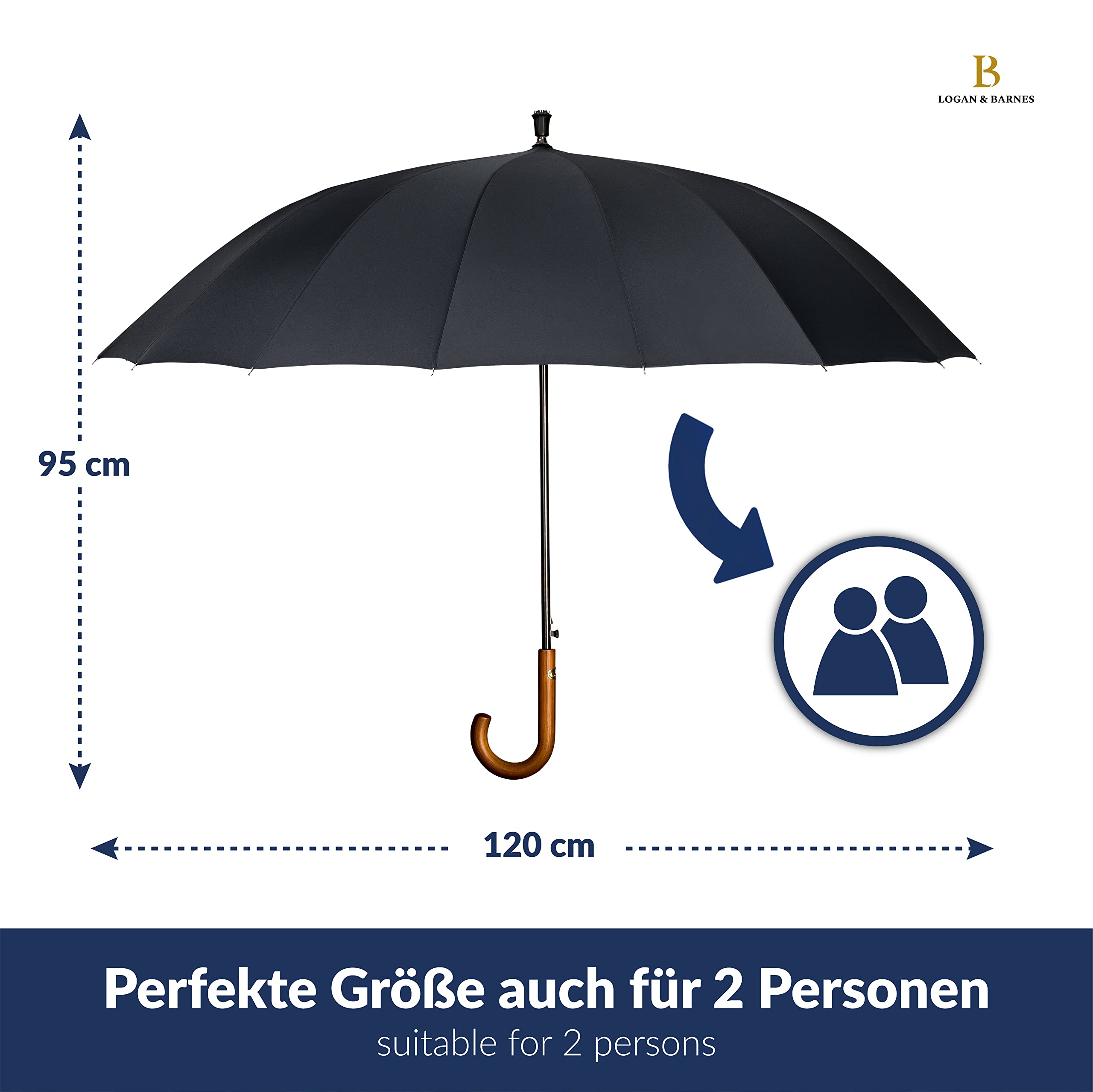 LOGAN & BARNES Stockschirm Sturmfest Ø120cm Echtholzgriff Gummispitze XXL Regenschirm 16 Streben Modell EDINBURGH
