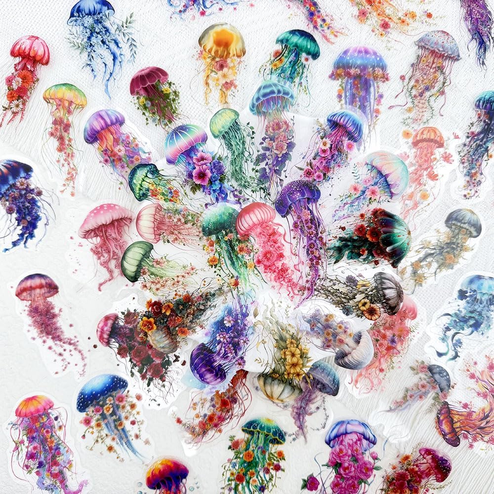 50PCS Floral Jellyfish Stickers for Journaling - Clear Watercolor Ocean Fantasy Scrapbook Stickers, Botanical Marine Life Aesthetic Decals for Planner, Junk Journal, Collage, Crafts Decoration image 2