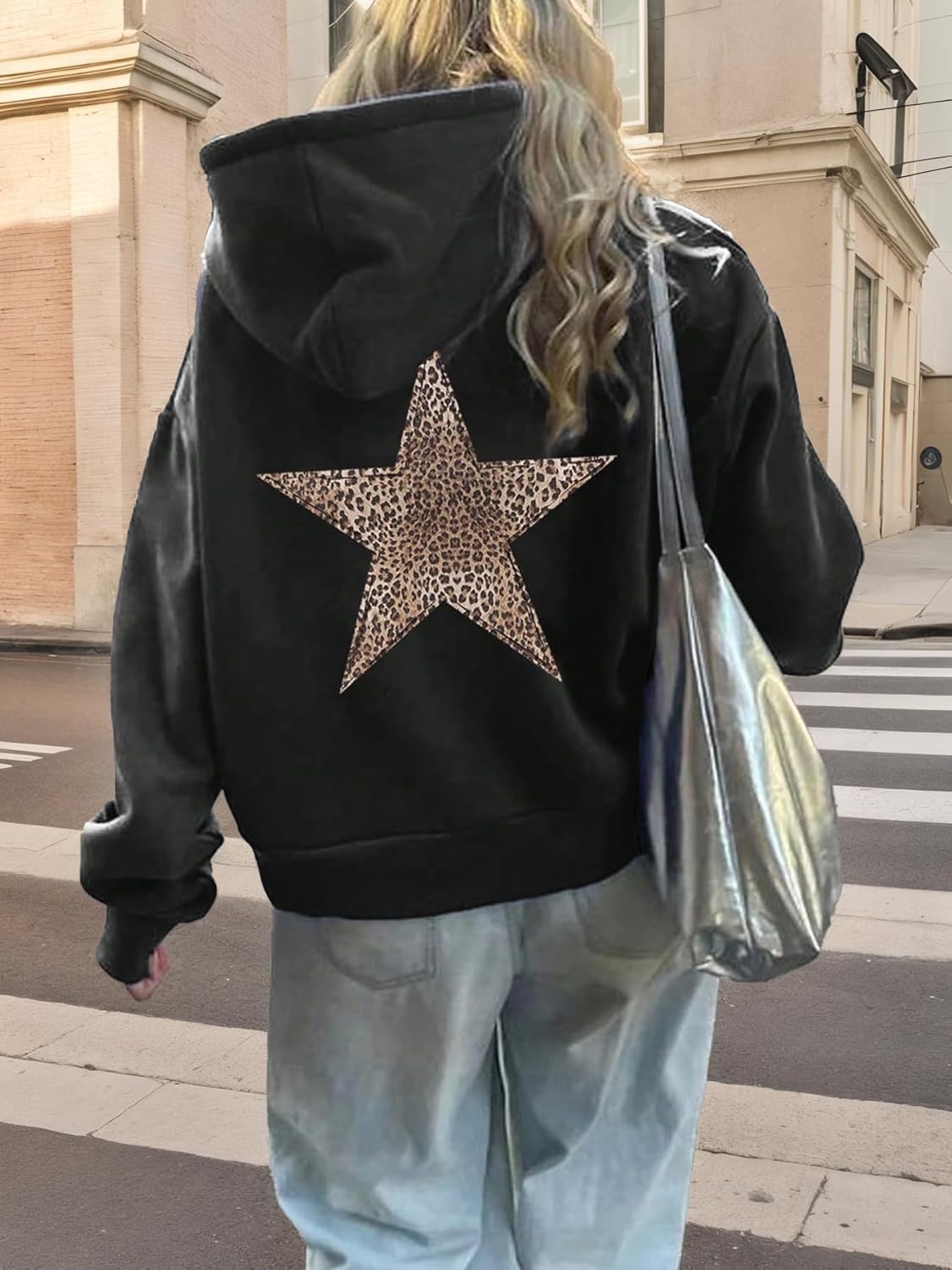 Baonmy Star Graphic Hoodies Y2k Leopard Print Oversized Fleece Hoodie Long Sleeve Pullover Sweatshirt for Women Streetwear - Image 2