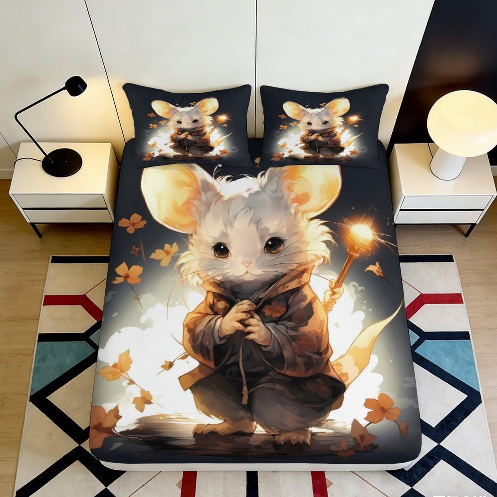 3D Printed Cute Mouse Fitted Sheet Microfiber Non-Slip Deep Pocket Bedroom Bedding Mouse Mattress Fitted Cover 200x200x25cm