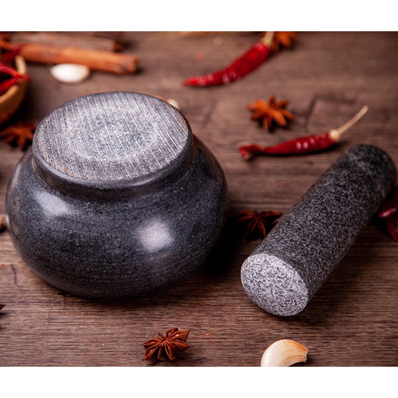 RUHEN Juego de mortero y Maja de Granito, Molinillo Manual, Molinillo de Hierbas y Especias, triturador de Pastillas, mortero y Maja macizos pulidos para moler Hierbas, Especias y Hacer Guacamole