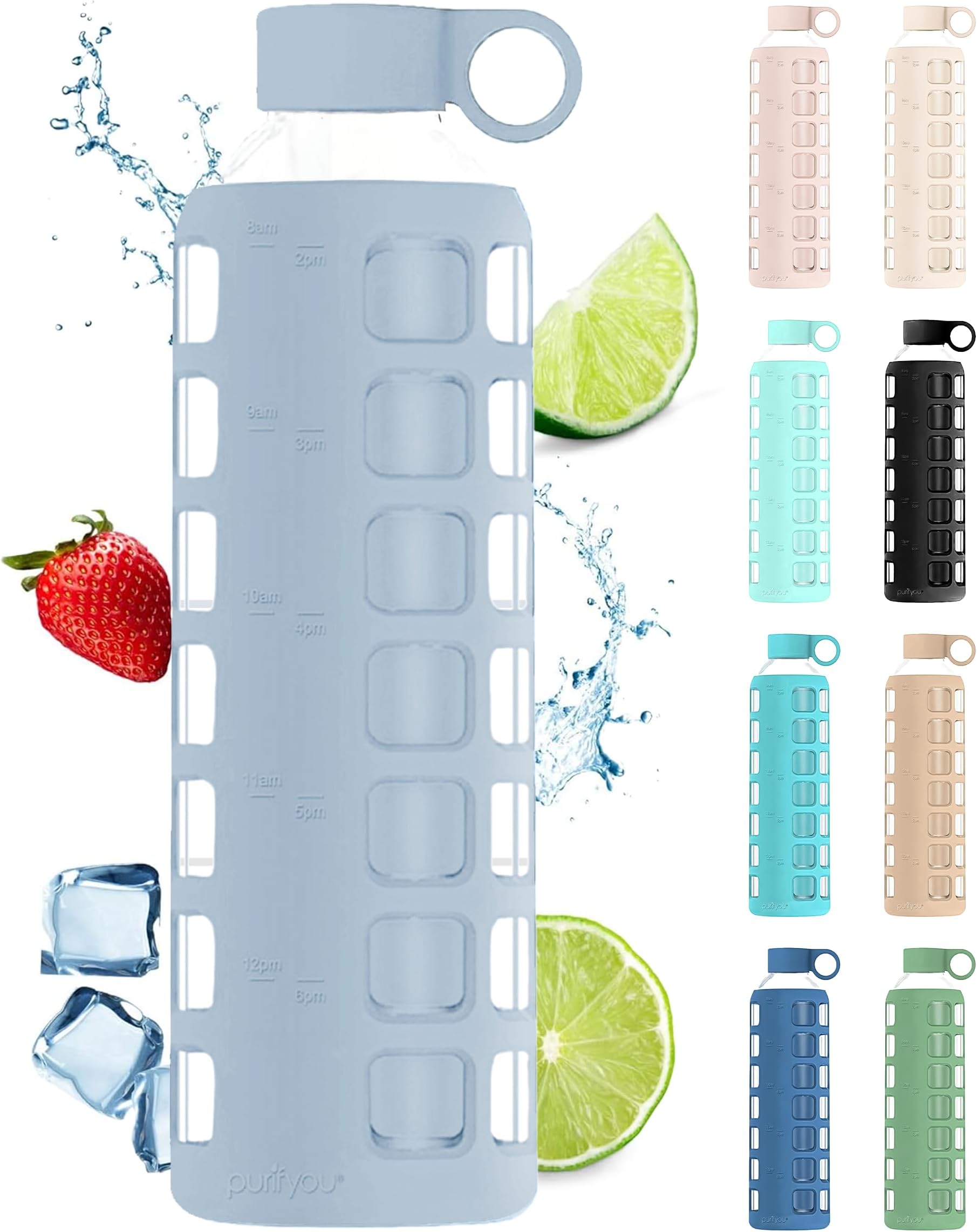 purifyou 40/32/22/12 oz Borosilicate Glass Water Bottles with Volume Markers, Silicone Sleeve, Stainless Steel Lid, Reusable Bottle for Water, Juice, Gym, and Fridge Storage (32oz Ice Blue)