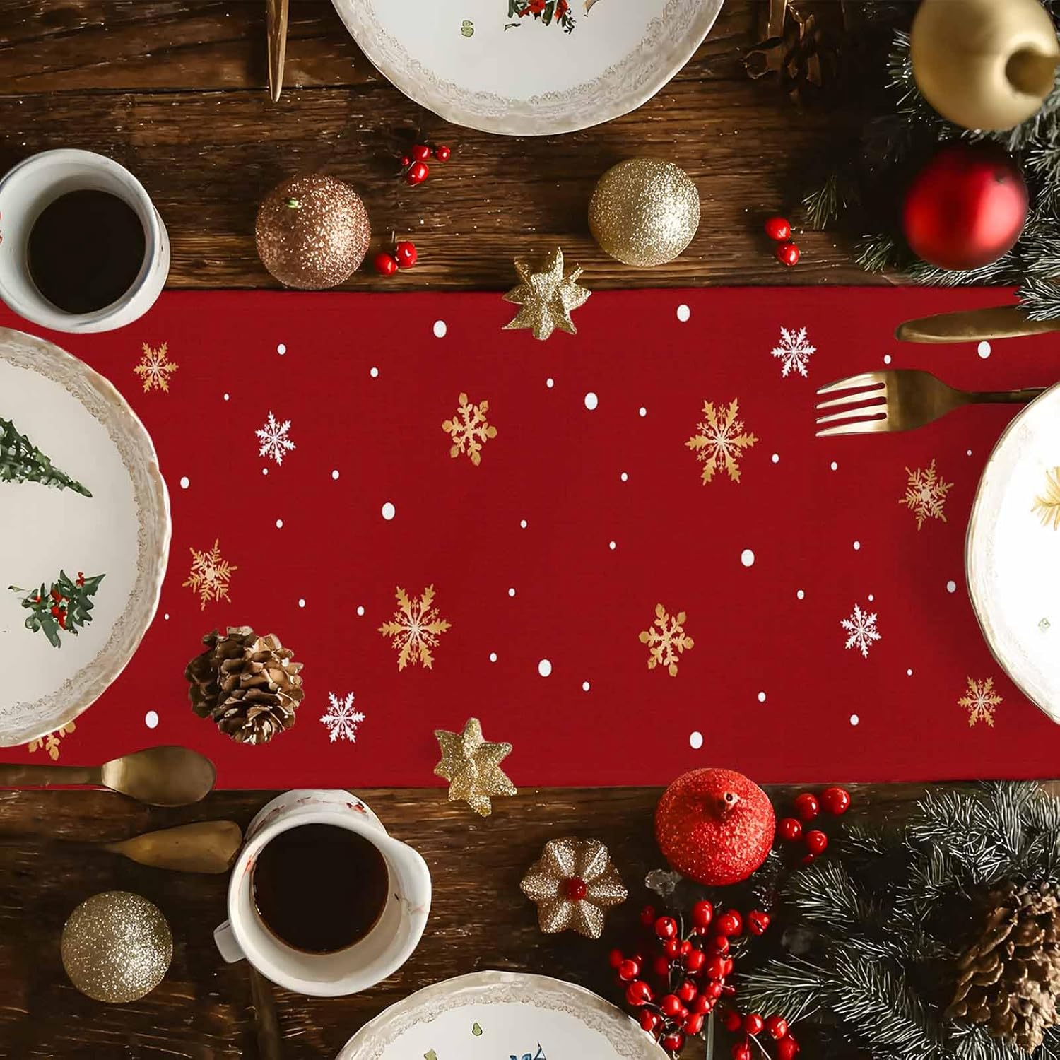 Christmas Table Runner 13x120 Inches Long Santa Claus Runner for Table Christmas Snowflake Table Runners Washable Cotton Linen Dresser Scarf for Kitchen Coffee Dining Xmas Holiday Party Decor