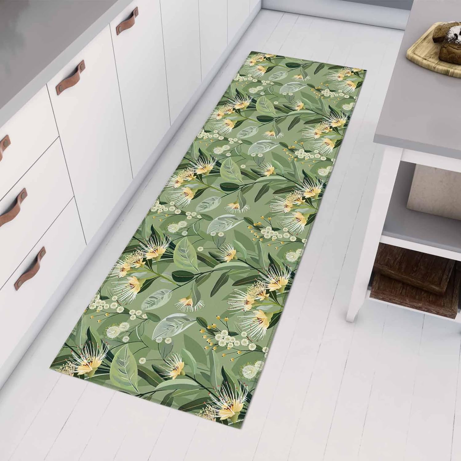 Kitchen Mats for Floor Watercolor Green Botanical Leaves Washable Non Slip Kitchen Rugs 1PCS, Garden Dandelion Flower Foliage Absorbent Standing Mats for Sink Bathroom Office Living Room 15.7x47.2in