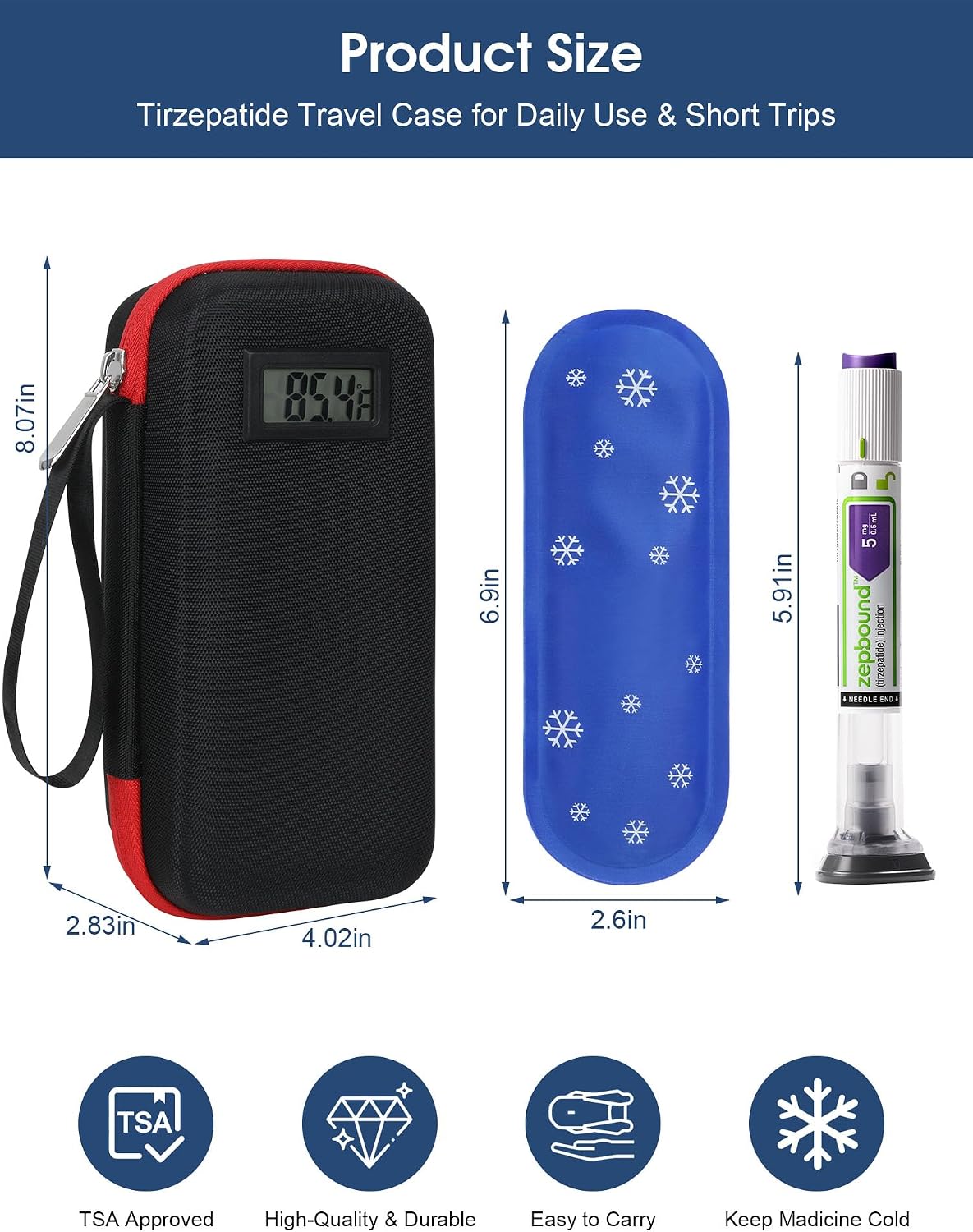 Portable Zepbound & Mounjaro Travel Case with Temperature Display, GLP-1 Pen Cooler for 2 Pens, EVA Insulated Medicine Travel Case with 2 Ice Packs for Flights and Daily Use,TSA Approved, Black image 3