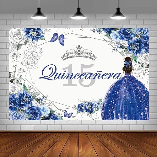 Miniatura 3 de Sendy Telón de fondo de quinceañera de 15 cumpleaños para dulce niña Mis membrillo Anos decoración de fiesta azul rey plata purpurina floral corona