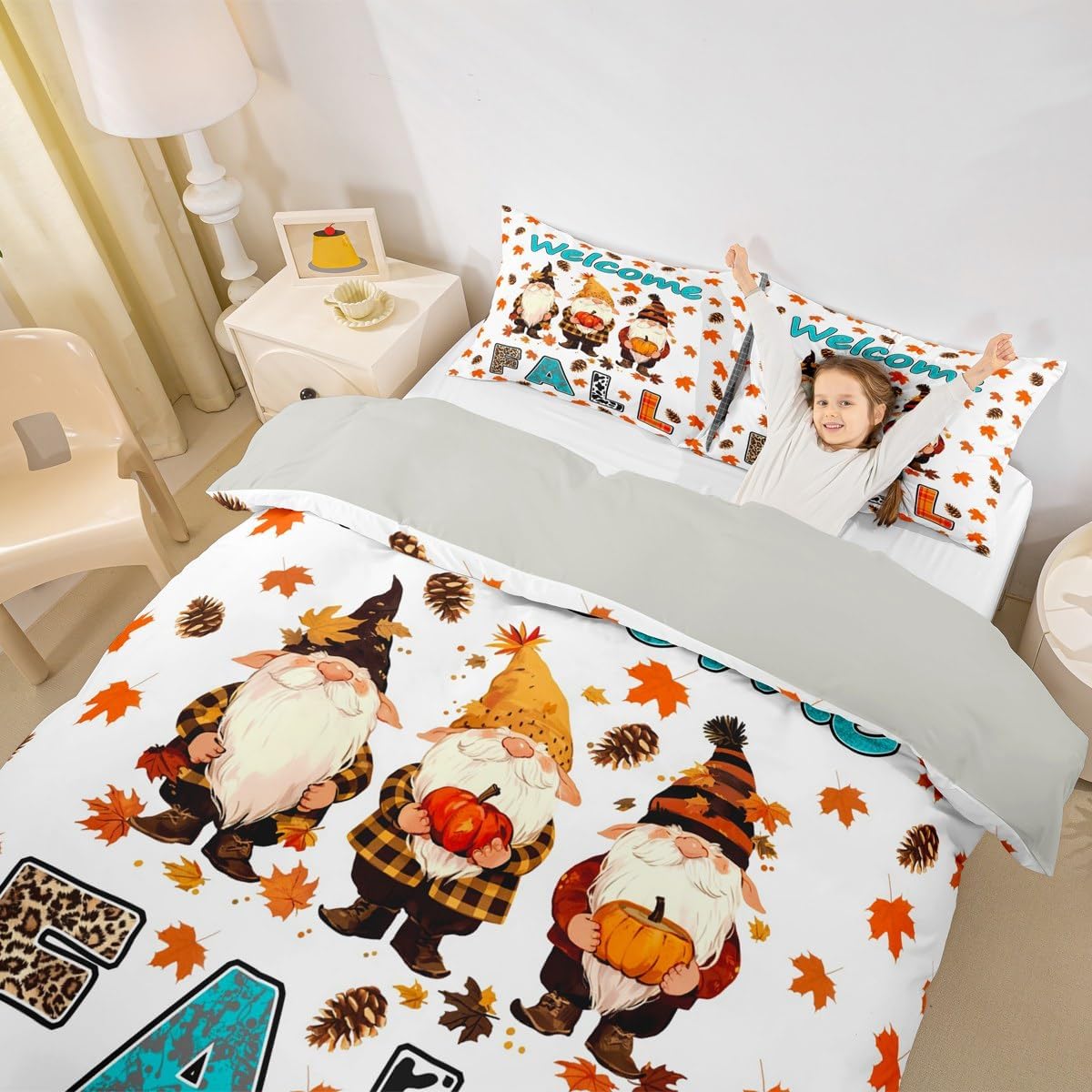 Castle Fairy Autumn Gnome Duvet Cover Toddler Size,Happy Fall Themed Comforter Cover with 1 Pillowcase,Rustic Fallen Leaves Bedding Set 2pcs,Vintage Country Decor Quilt Cover,Not Comforter