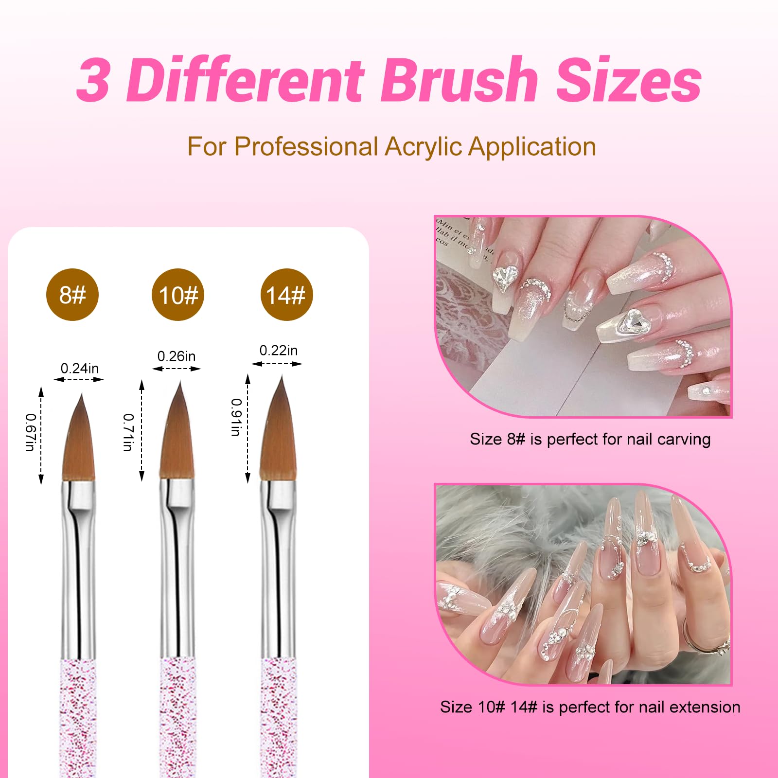 Set 3 Pennelli per Unghie Acrilico 8/10/14, Pennello Gel UV, Pennelli Nail Art Professionali, Set Decorazione Unghie per Acrilico e Gel, Kit Principianti, Regalo Donna, Uso Salone DIY
