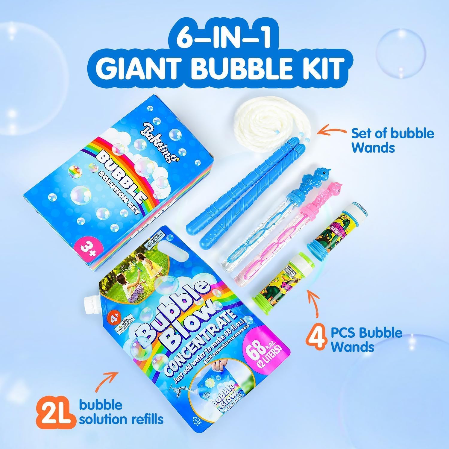 Bloranda Giant Bubble Wands Kit: Incl. Big Bubble Wands, 4PCS Bubble Wands, Big Bubble Concentrate and Tips & Trick Booklet, Perfect for Outdoor/School Activities, Backyard/Birthdays Parties