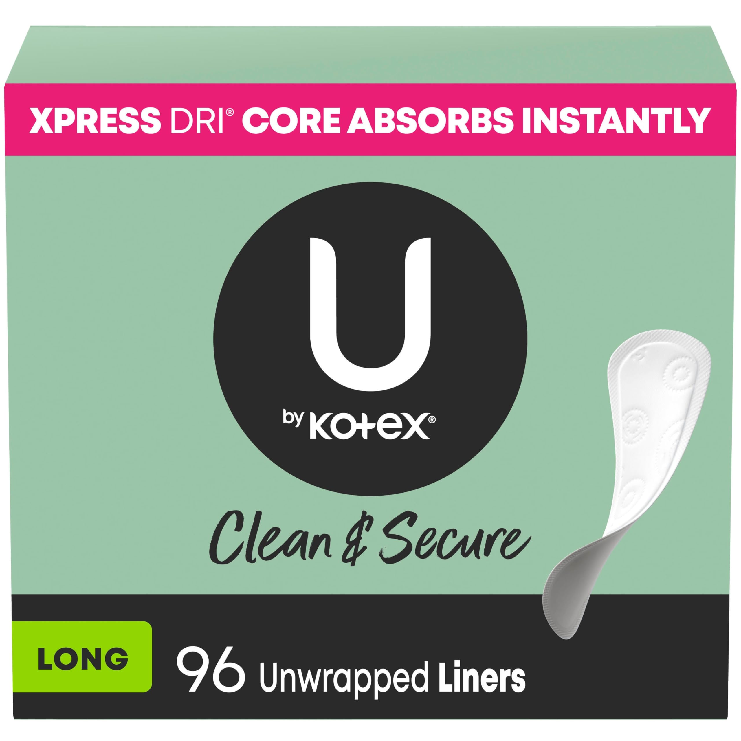 U by Kotex Panty Liners, Clean & Secure, Light Absorbency, Long Length, 96 Count (Packaging May Vary)