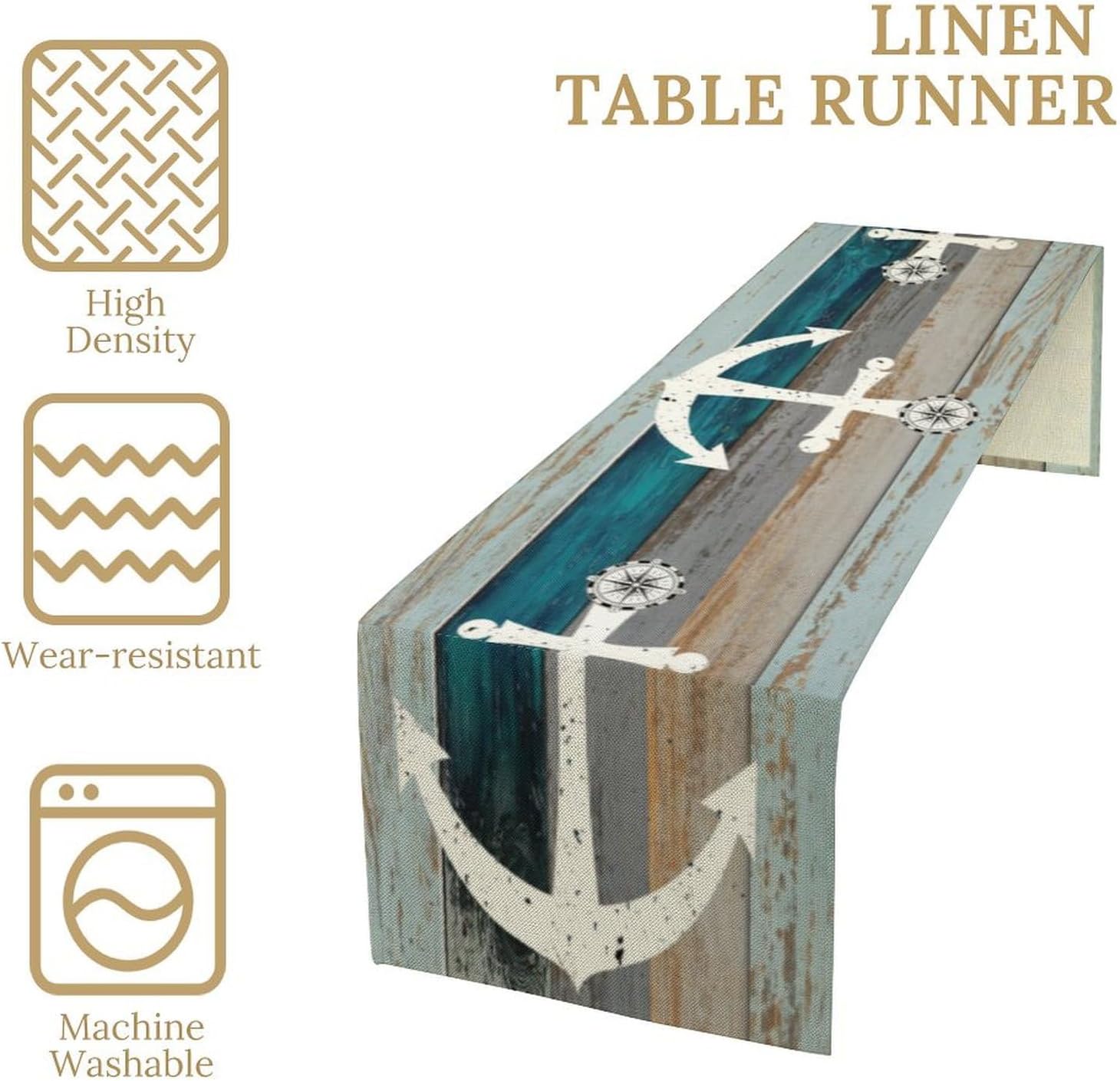 Vintage Nautical Anchor Table Runner Ocean Sea Theme Nautical Stripe Retro Wood Grain Gray Blue Table Runners for Farmhouse Cabin Kitchen Dining Party Holiday Home Decor 13x108in