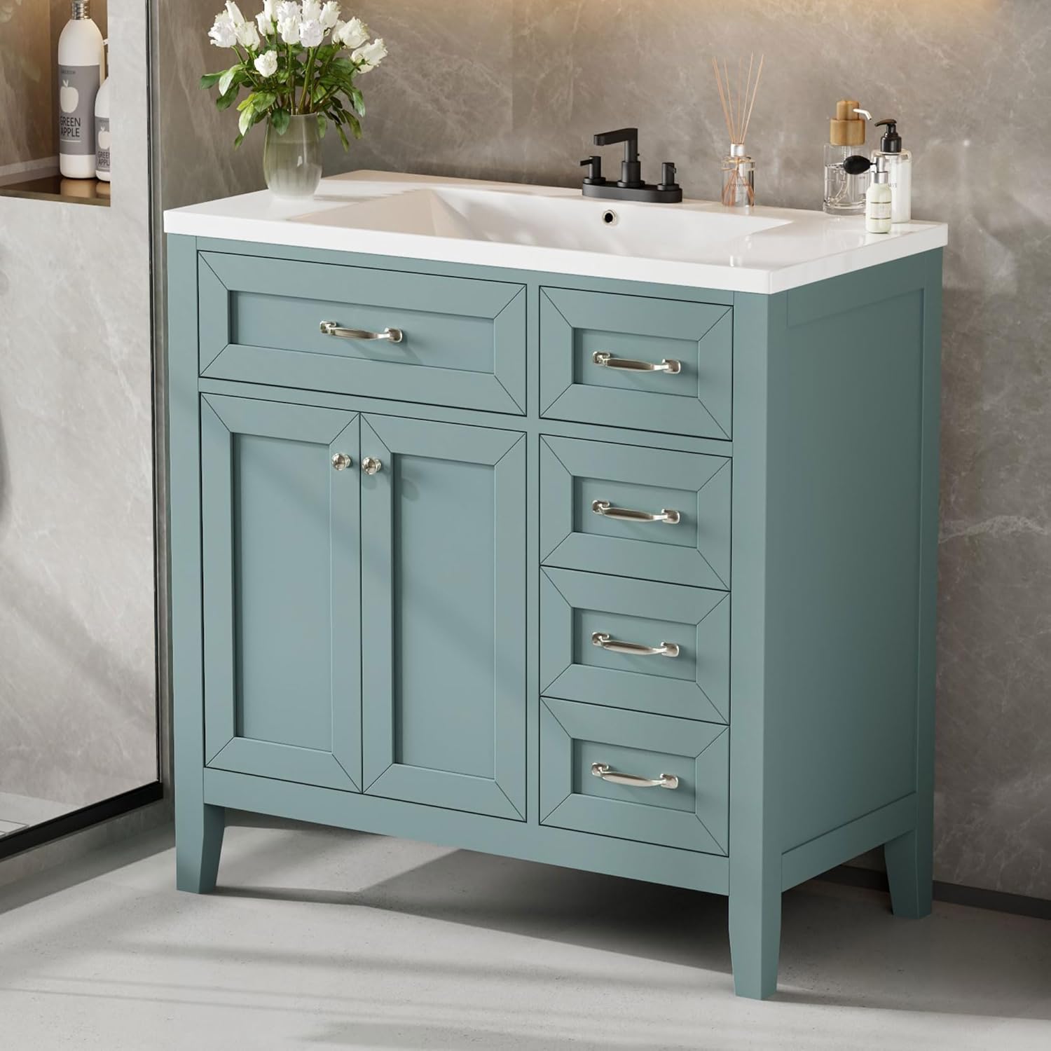 36 Inch Bathroom Vanities with Undermount Ceramic Sink, Storage Cabinet with Soft Closing Doors and Three Drawers, Solid Wood Frame, Green