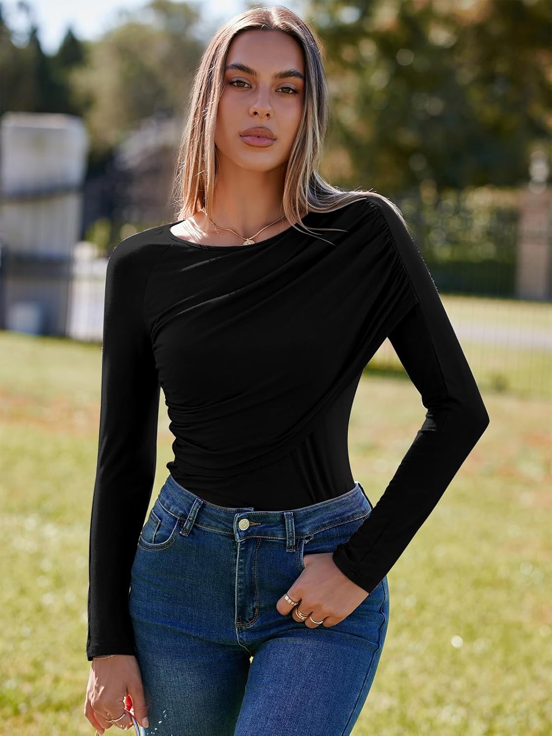 Cicy Bell Womens Long Sleeve Pleated Tops Fall Crew Neck Fitted Shirts Y2k Going Out Casual Ruched Blouse - Image 6