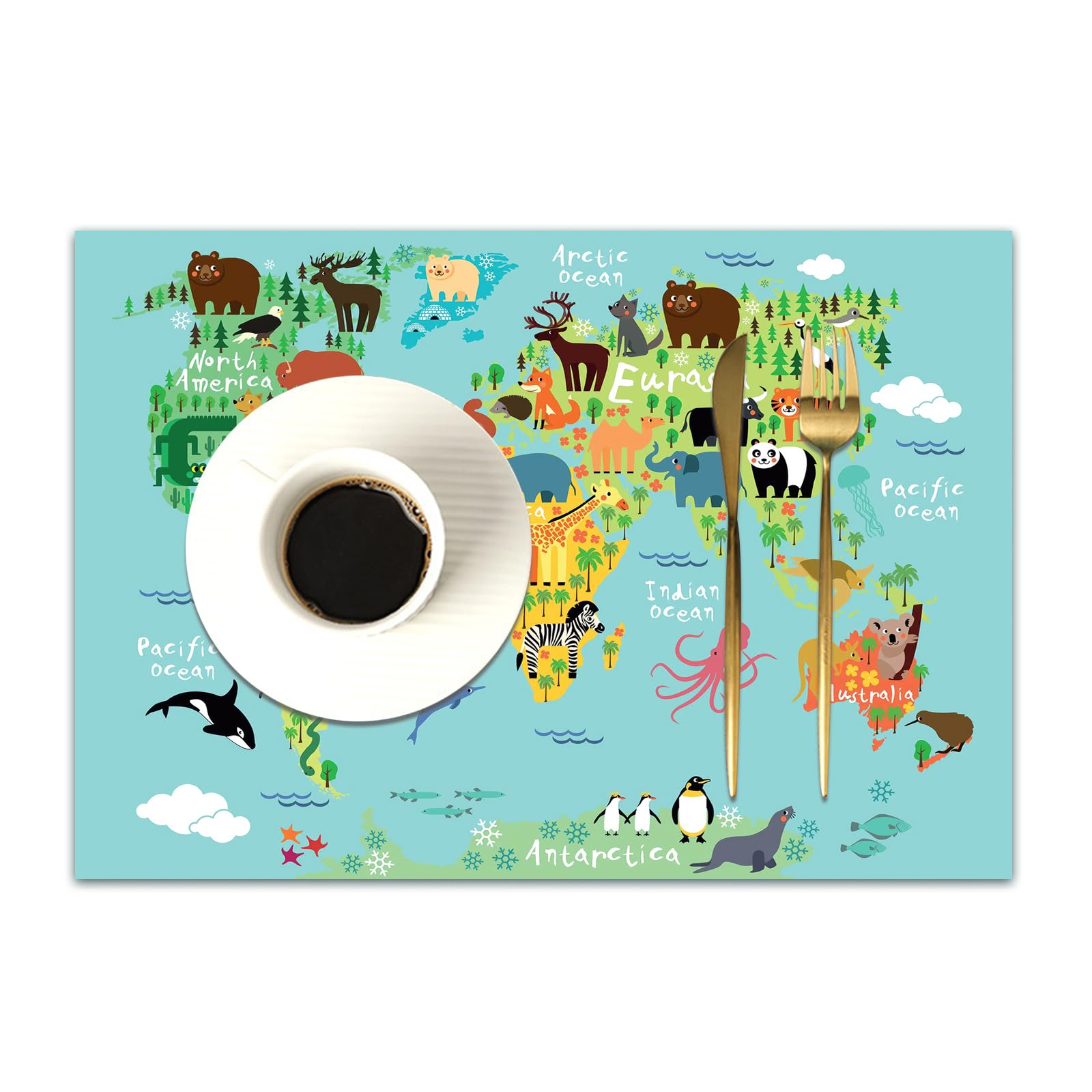 DASNK Table Mats Set of 4 Woven Vinyl Place Mats for Dinner Table Washable & Durable Indoor/Outdoor Use Table Accessories,Animal Children's World Map,12x18in