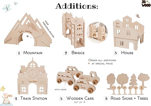 Miniatura 3 de Personalized Wooden Car Track for Boys - Size M Toddler Race Track Toy Cars - Wooden Toy Cars Road Bridge House Train Station Mountain - Montessori