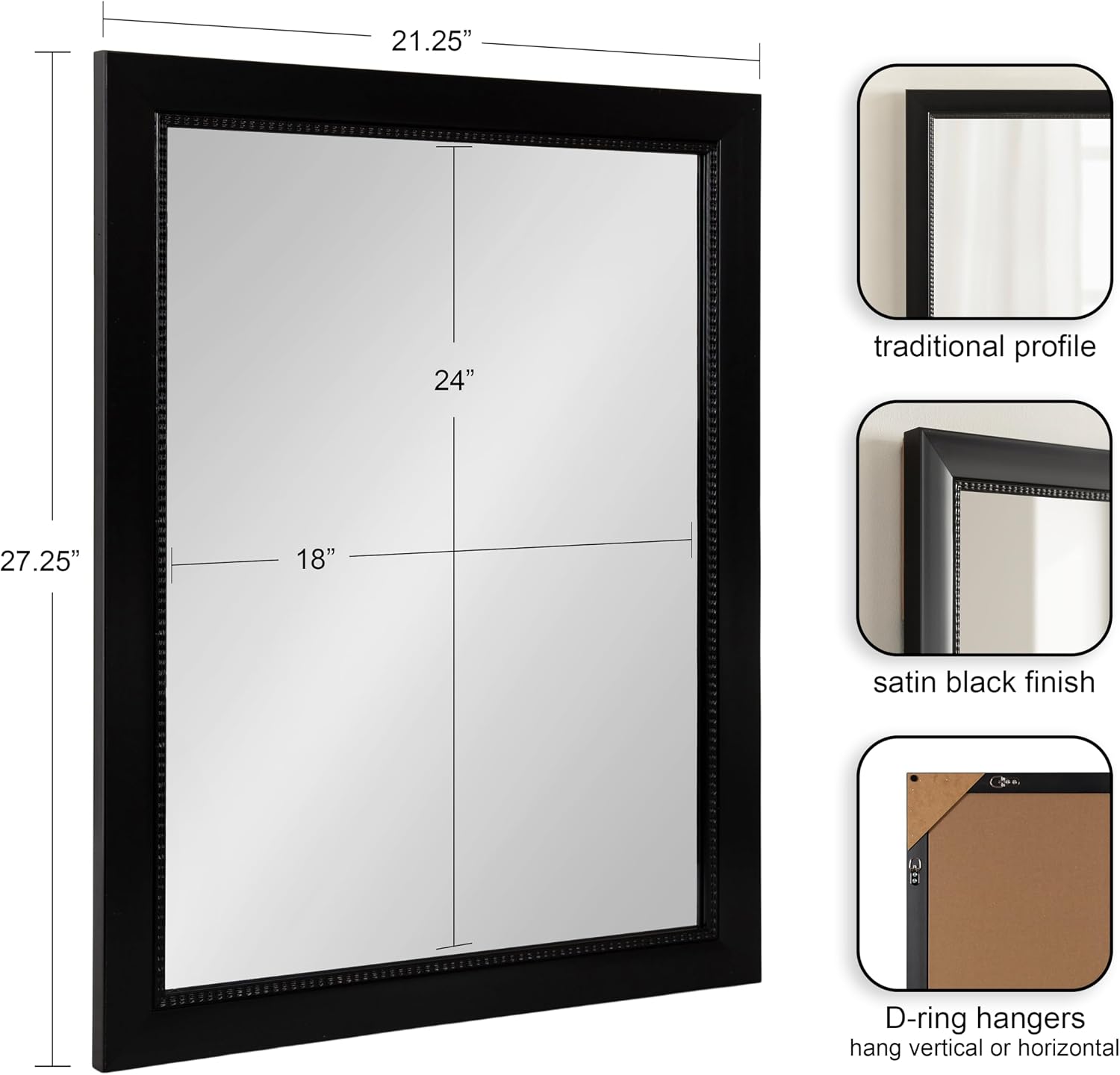 Kate and Laurel Monetta Traditional Framed Bathroom Vanity Mirror, 22 x 28, Black, Rectangular Textured Bathroom Mirror for Over Sink or for Use as Entryway or Living Room Decor