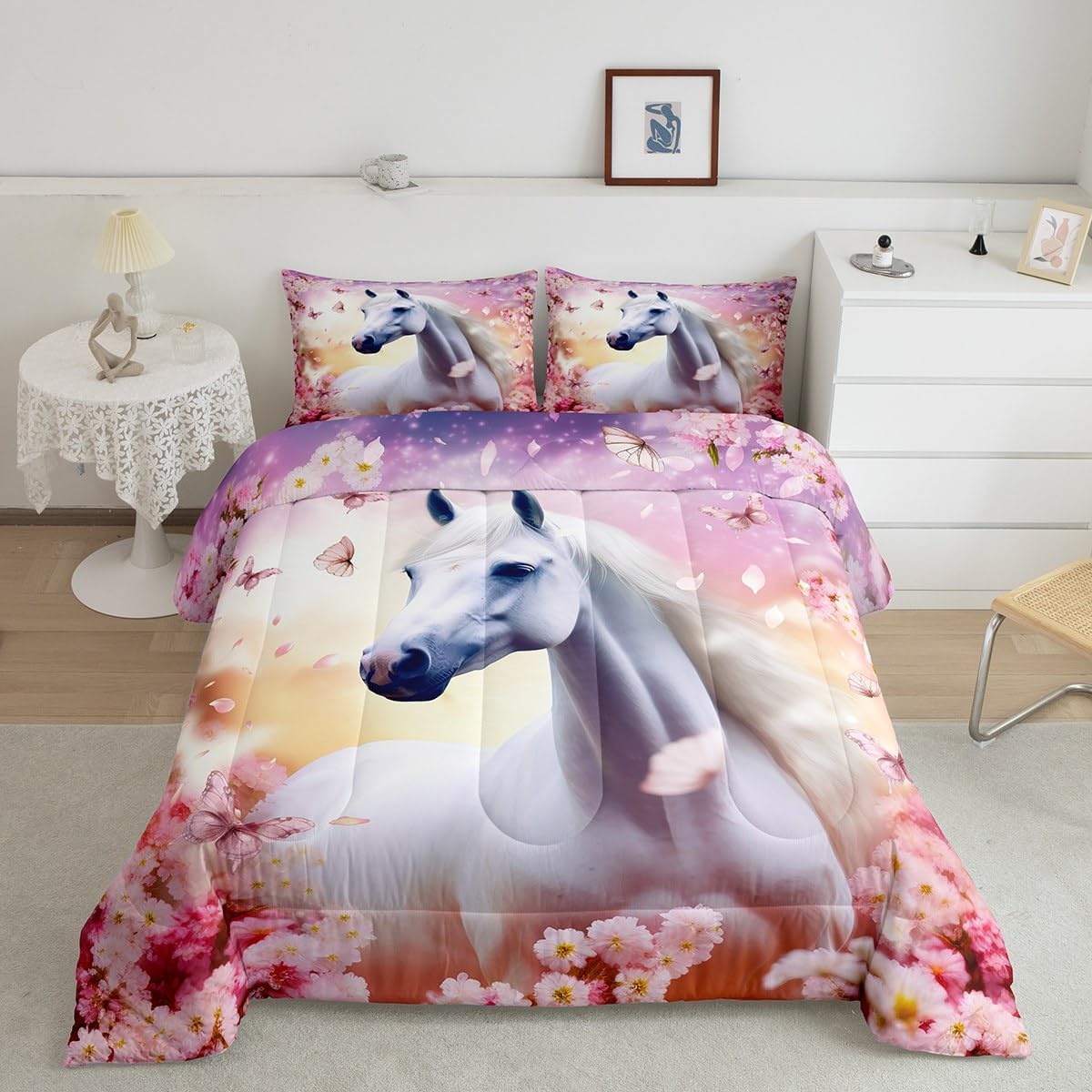 Kids Horse Comforter Set Queen Size Chic Cherry Blossom