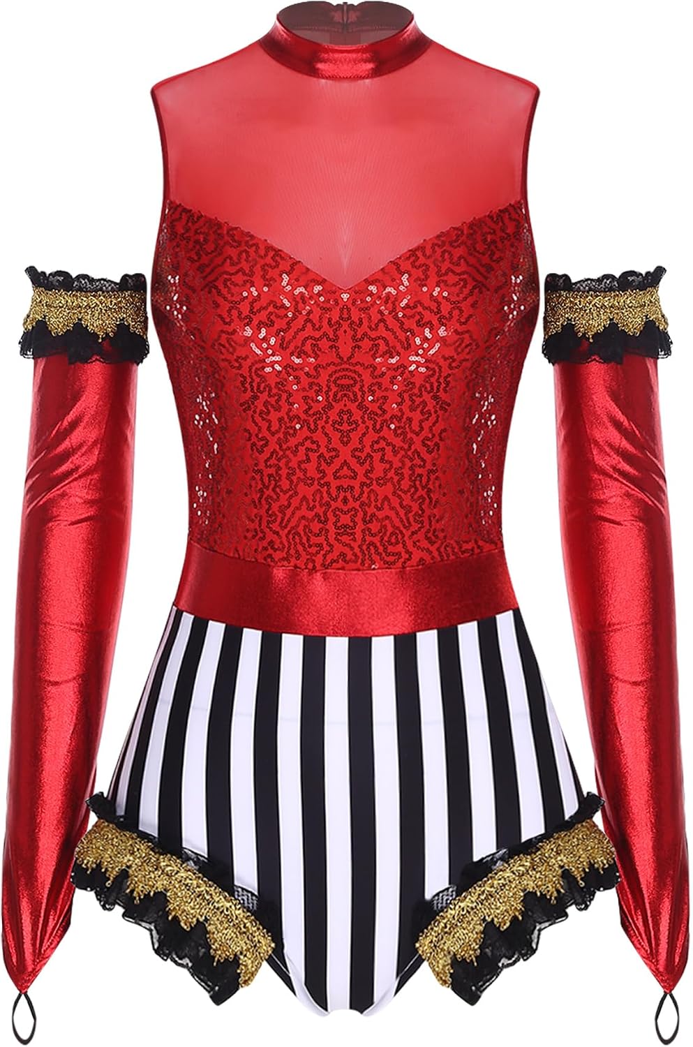 Womens Circus Ringmaster Costume Sequined Patchwork Sleeveless Bodysuit with Gloves
