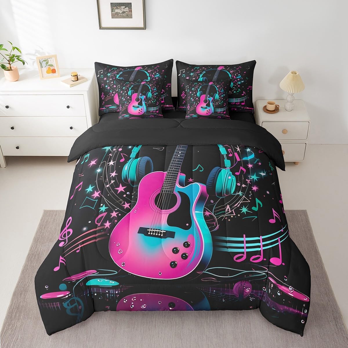 Erosebridal Guitar Music Queen Comforter Set with Sheets 7 Piece Musical Notes Guitar Bed in A Bag Pop Music Theme Bedding Sets for Kids Adults,Fashion Hot Pink Blue Bed Set