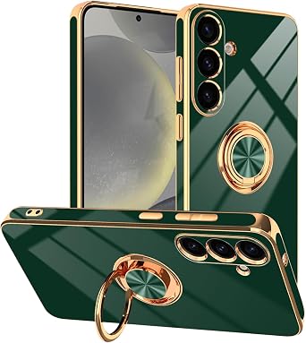 Designed for Samsung Galaxy S25 Plus Case with Ring Stand, Support Magnetic Car Mount Rotatable Finger Holder Soft TPU Cover Plating Edge Protective Slim Phone Case for Galaxy S25+ Plus Green