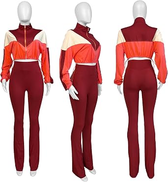 Recious Womens Sexy 2 Pieces Colorblock Zipper Jackets Crop Tops Shirts Bodycon Pants Party Clubwear Tracksuit Outfits Set