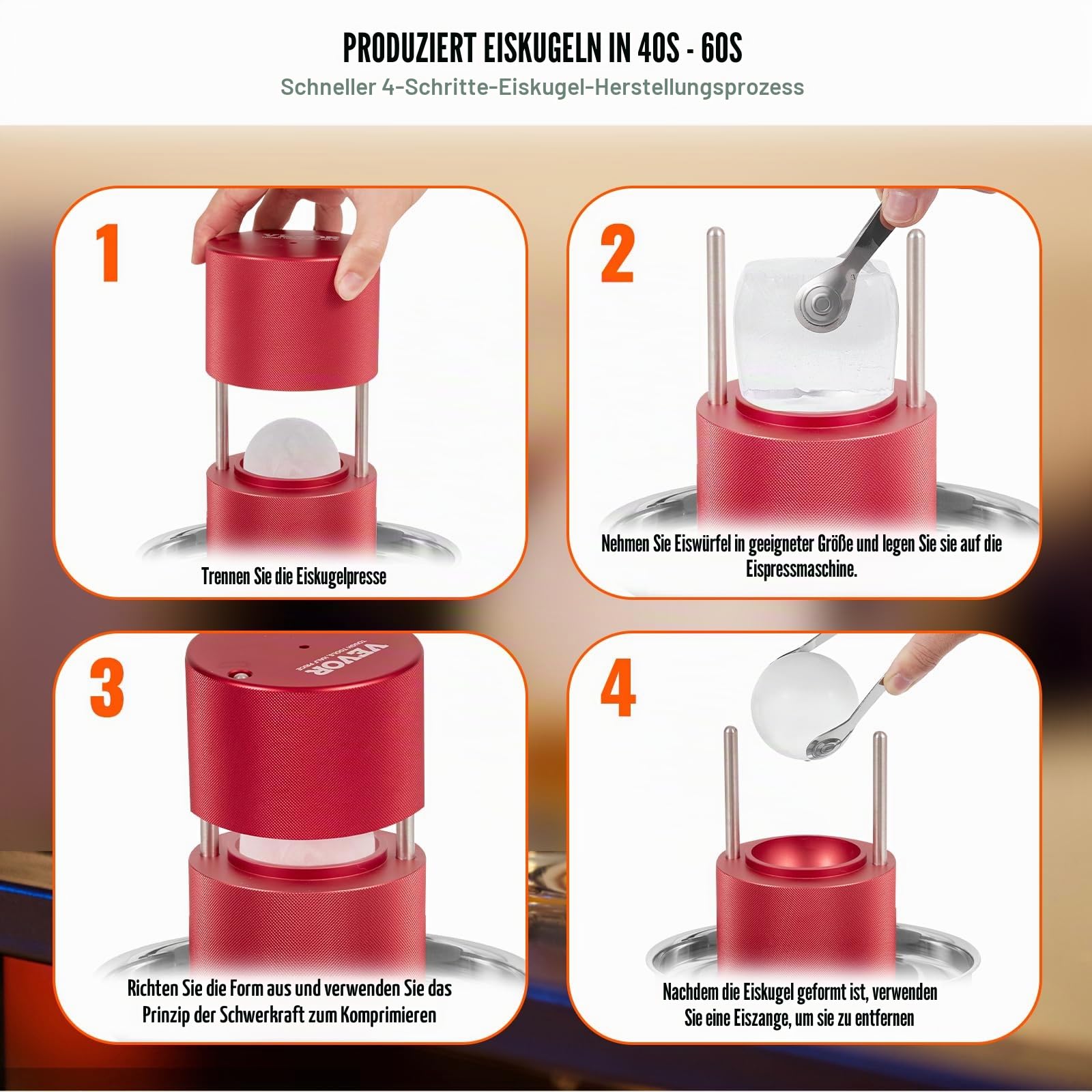 VEVOR Ice Ball Maker Eiskugelpresse Satz 60 mm, Eiswürfelform Eiskugelform mit Eiszange & Tropfschale, Alu Rote Strapazierfähige Eiswürfelformen Eiswürfelbehälter Whisky Americano, Saft & Milch