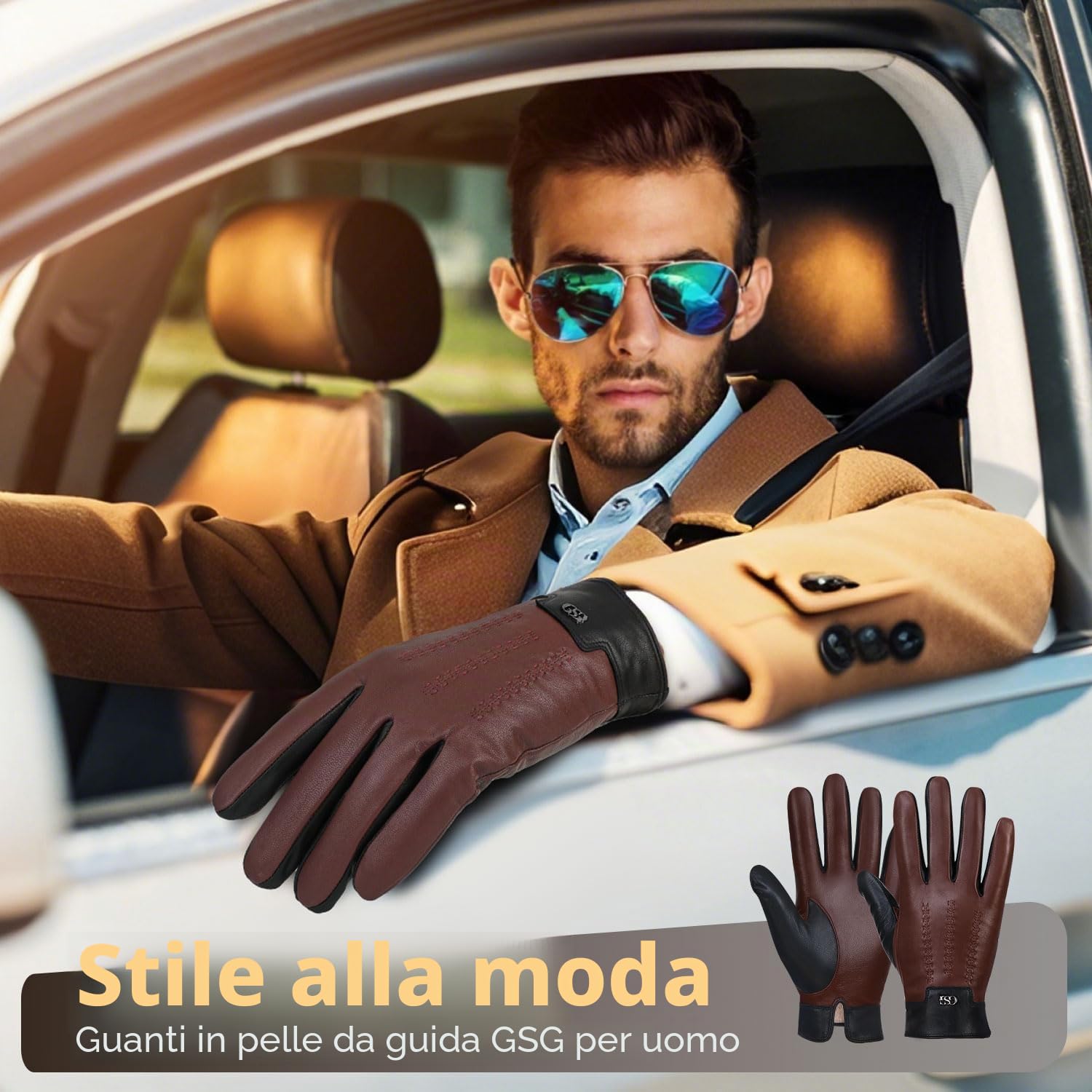 GSG SINCE 1998 Guanti Vera Pelle Senza Cromo Uomo, Invernali, Foderati in Cashmere, Touchscreen, Guanti Termici Moto, Marrone L