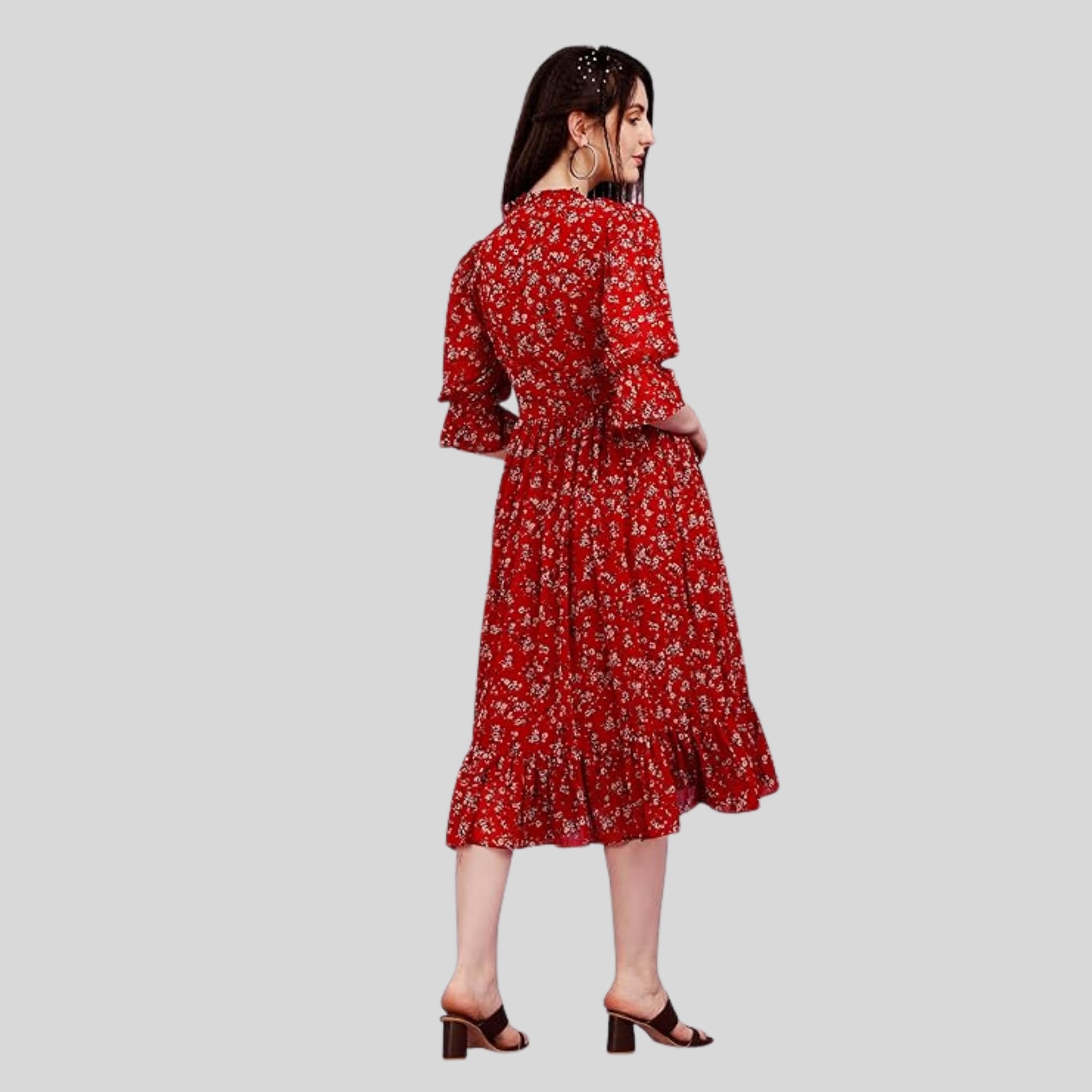 Fashion2wear Vestido midi casual con cuello redondo y estampado de flores georgette para niña