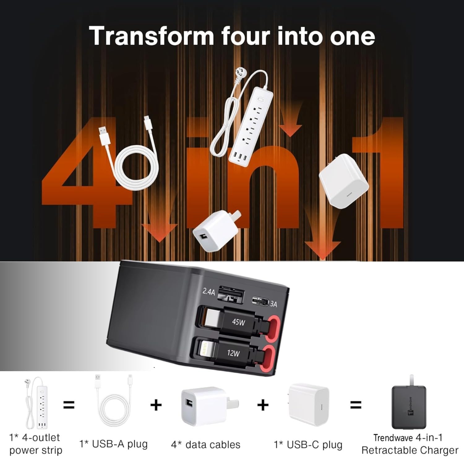 Trendwave 4-in-1 Retractable Charger, Foldable Plug 45W Multi Cable Dock Fast Charging Station for i Phone 17/16/15/14/13, i Pad – Black