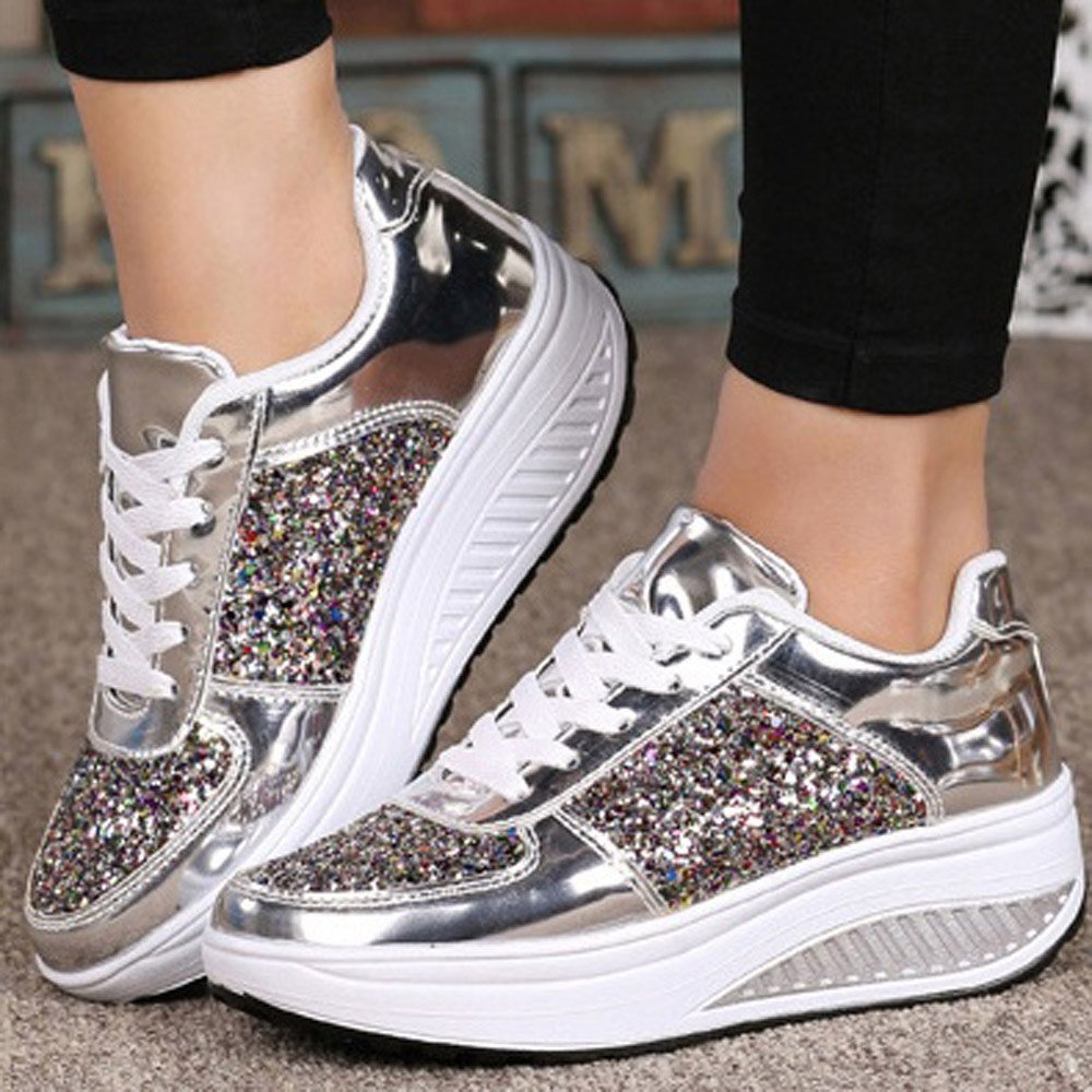 DbzhuynFashion Glitter Sneakers for Women,Women's Glitter Platform Wedge  Sneakers Lightweight Sparkly Sequin Athletic Tennis Walking Shoes Non Slip
