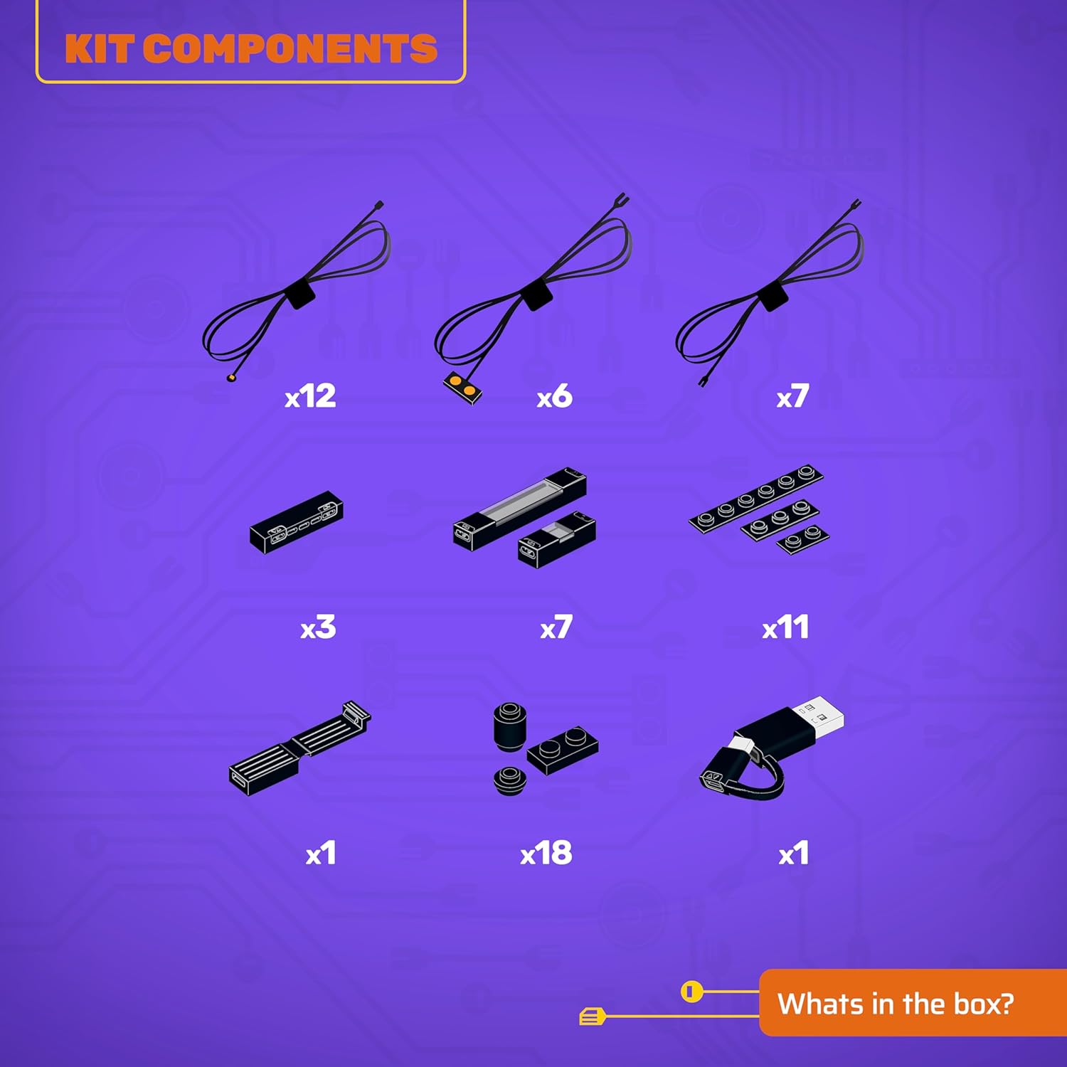 Diagram showing various light kit components with quantities, including wires, circuit boards, and small bricks.