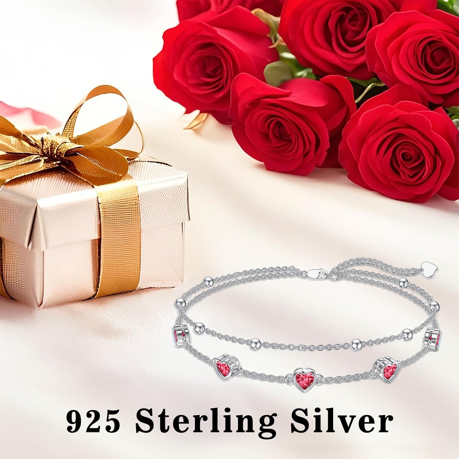 Dorunmo 925 Sterling Silver Heart Birthstone Anklet Bracelets for Women Best Mother's Day Birthday Jewelry for Wife Girlfriend Mom Daughter Her - Image 2