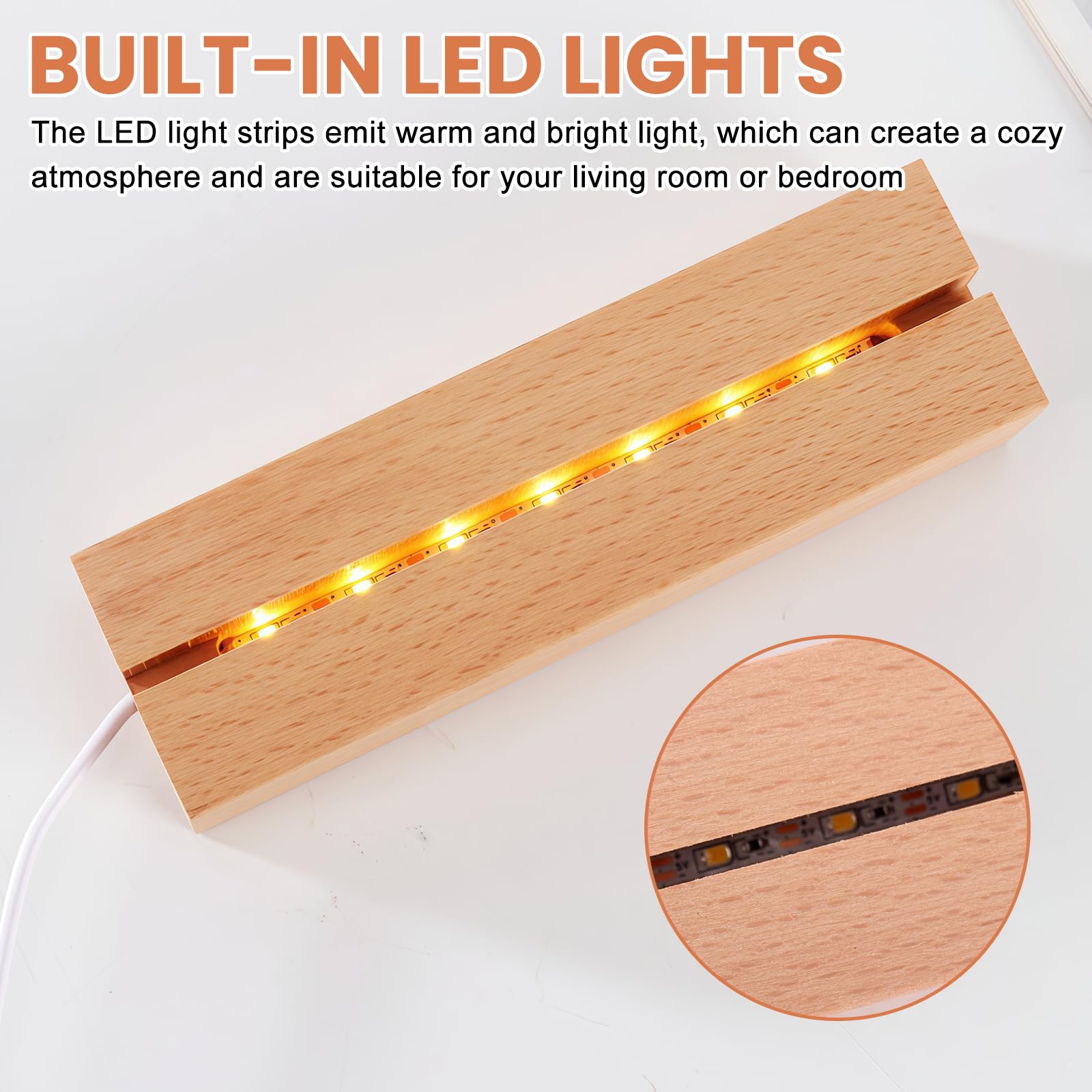 4 pezzi base LED in legno di faggio: base per display con striscia LED, supporto rettangolare per display luce calda 3 x 4,5 x 15 cm, per pannelli acrilici spessi fai da te, decorazione in