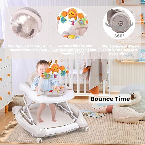 Miniatura 29 de Andador de bebé 5 en 1, andadores de bebé para niños y niñas de 6 a 12 meses, caminador de actividad plegable, andador infantil con gorila, altura