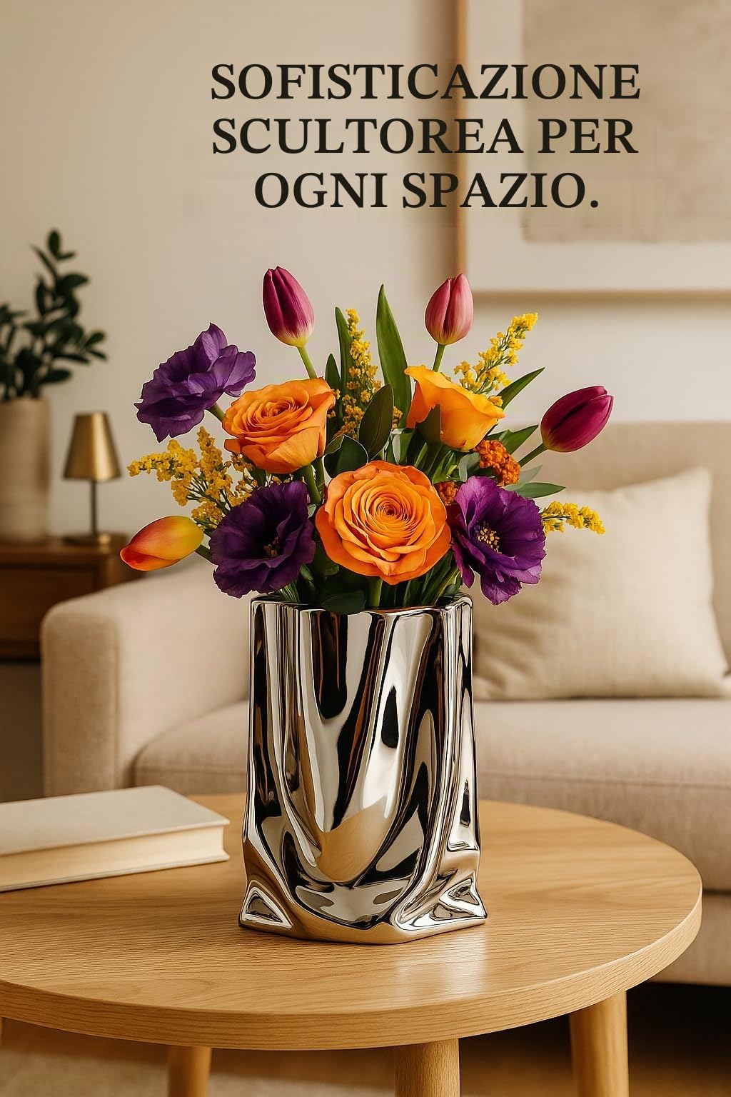Vaso in ceramica cromata liquida – Design a sacco di carta pieghettato, moderno vaso decorativo per composizioni floreali, fiori artificiali o freschi, piante idroponiche, decorazione per casa,