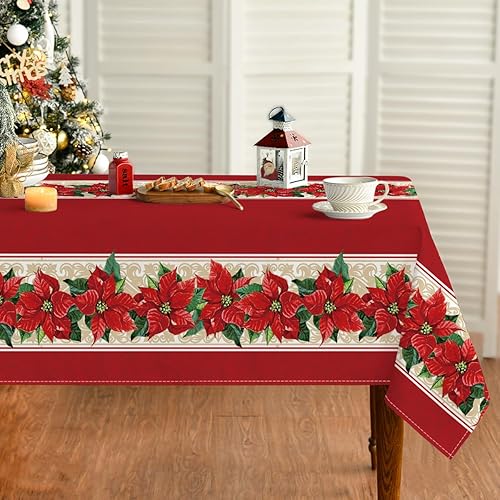 Horaldaily Mantel de Navidad de 60 x 84 pulgadas, color rojo pascua, lavable, para fiesta, picnic, cena, decoración